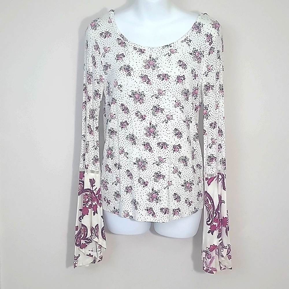 True Craft NWT Bell Sleeve Top Ivory Floral Paisley Polka Dot Boho Cottagecore